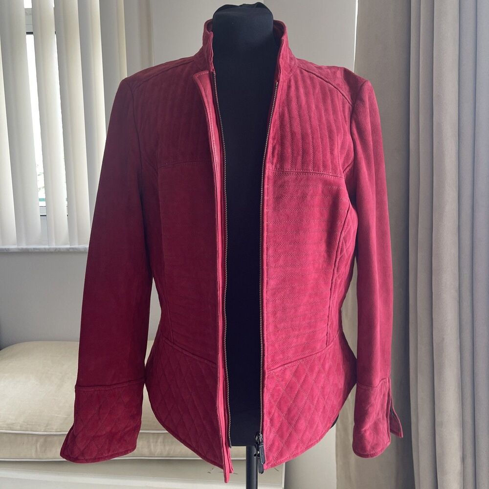 Vintage Dana Buchman Raspberry Red Suede Quilted Moto Jacket Size 10 Full Zip